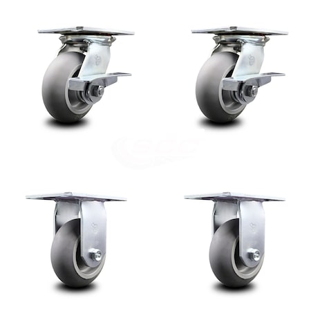 Service Caster 5 Inch Thermoplastic Caster Set with Roller Bearing 2 Brakes and 2 Rigid SCC SCC-35S520-TPRRD-SLB-2-R-2